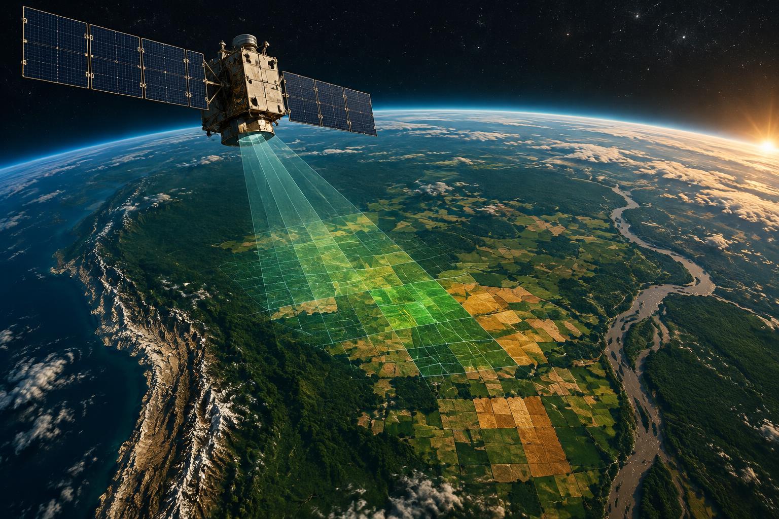 Satélite de observación terrestre midiendo campos agrícolas desde la órbita